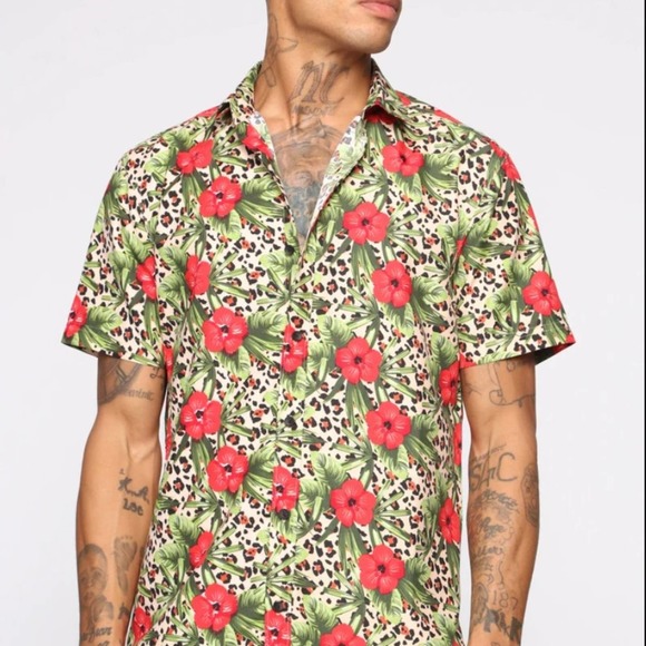 Fashion Nova Other - Leopard Floral Short Sleeve Mens Button Down Large